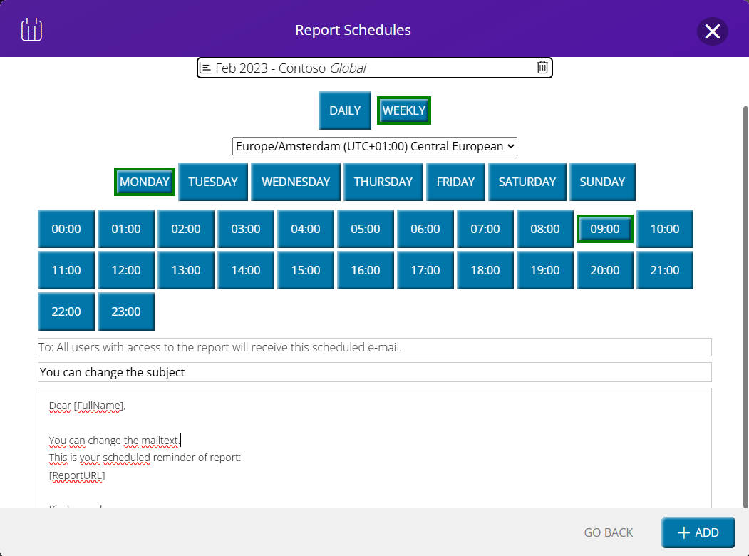 A screenshot of a report schedule<br><br>Description automatically generated